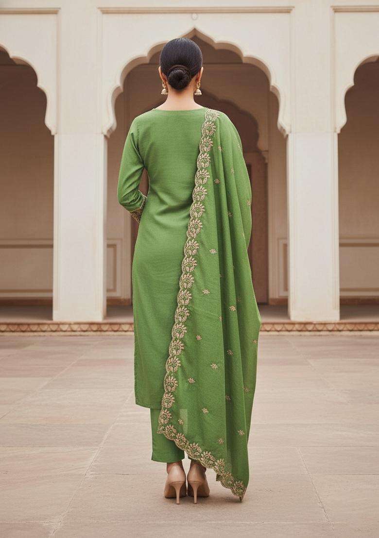 Green Embroidery Silk Kurta Set - Indya