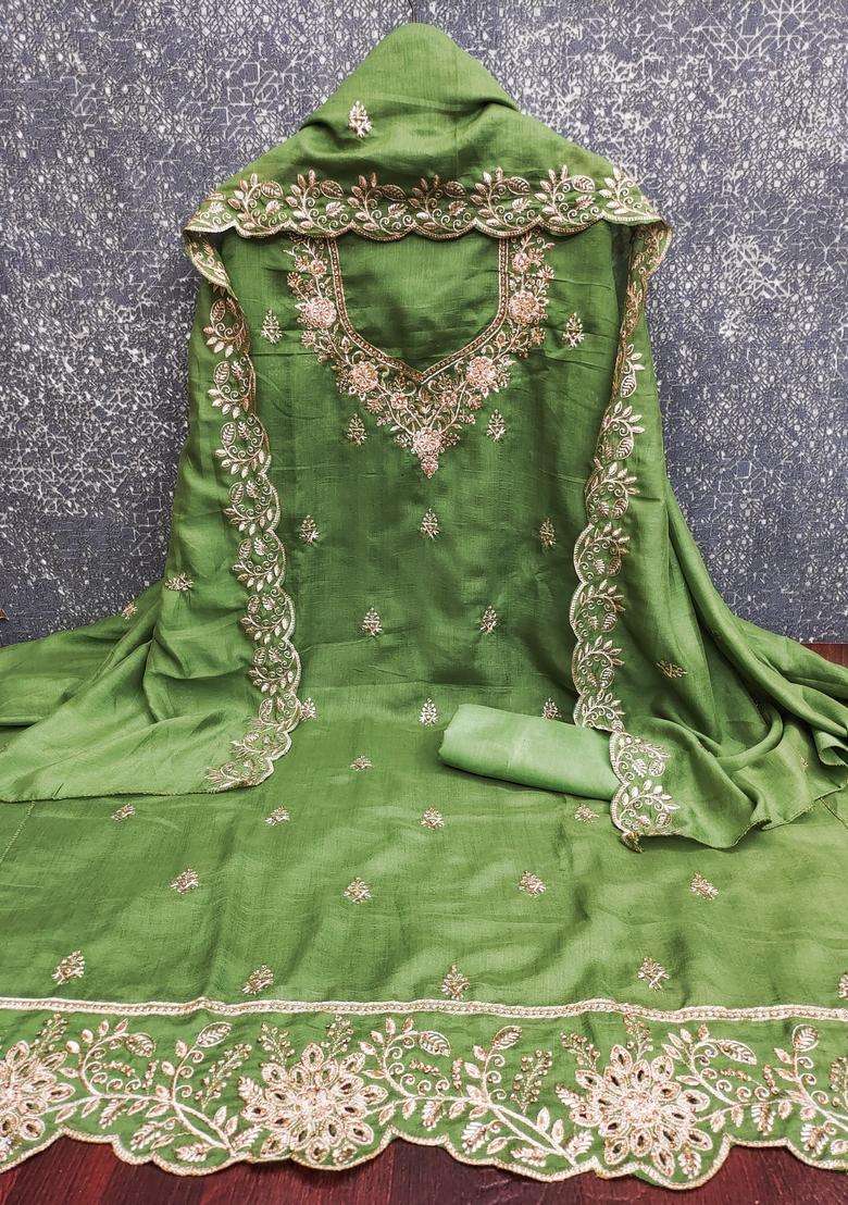 Green Embroidery Silk Kurta Set - Indya