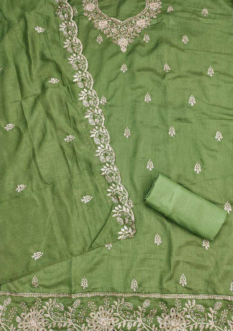 Green Embroidery Silk Kurta Set - Indya