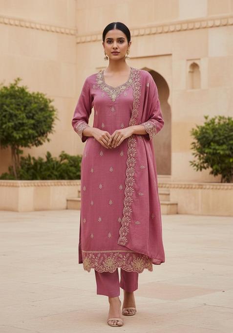 Pink Embroidery Silk Kurta Set