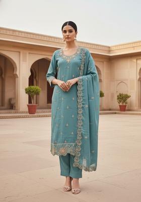 Blue Embroidery Silk Kurta Set