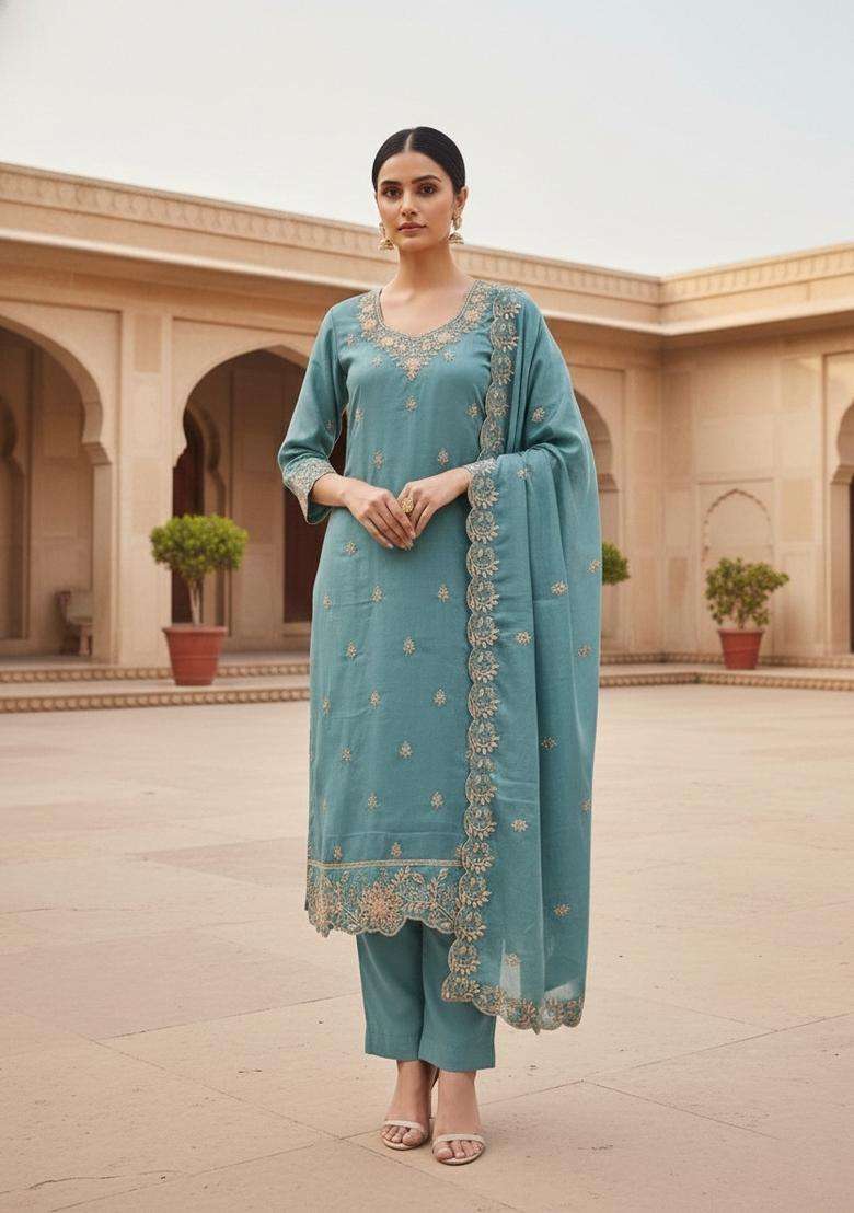 Blue Embroidery Silk Kurta Set - Indya