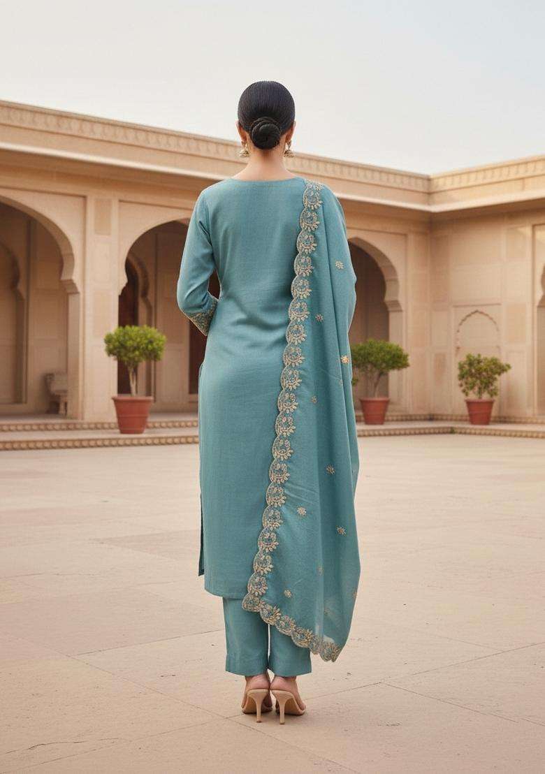 Blue Embroidery Silk Kurta Set - Indya