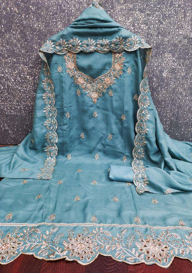 Blue Embroidery Silk Kurta Set - Indya