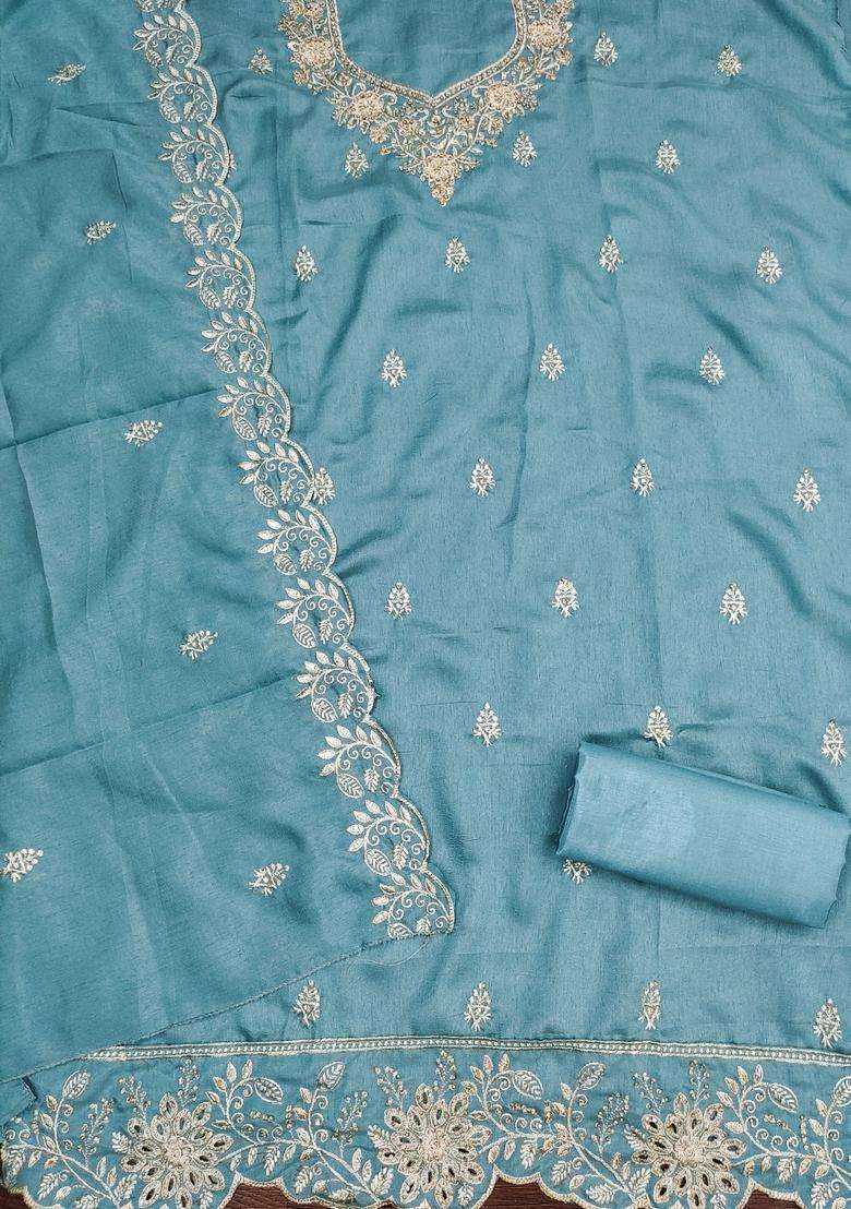 Blue Embroidery Silk Kurta Set - Indya