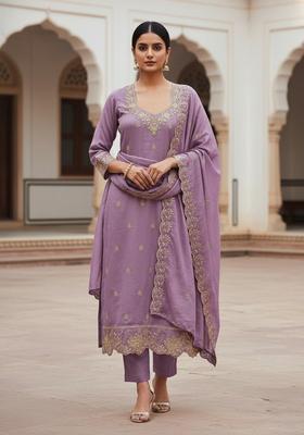 Lavender Embroidery Silk Kurta Set
