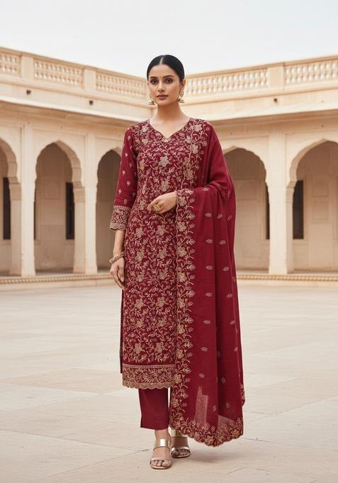 Maroon Embroidery Silk Kurta Set