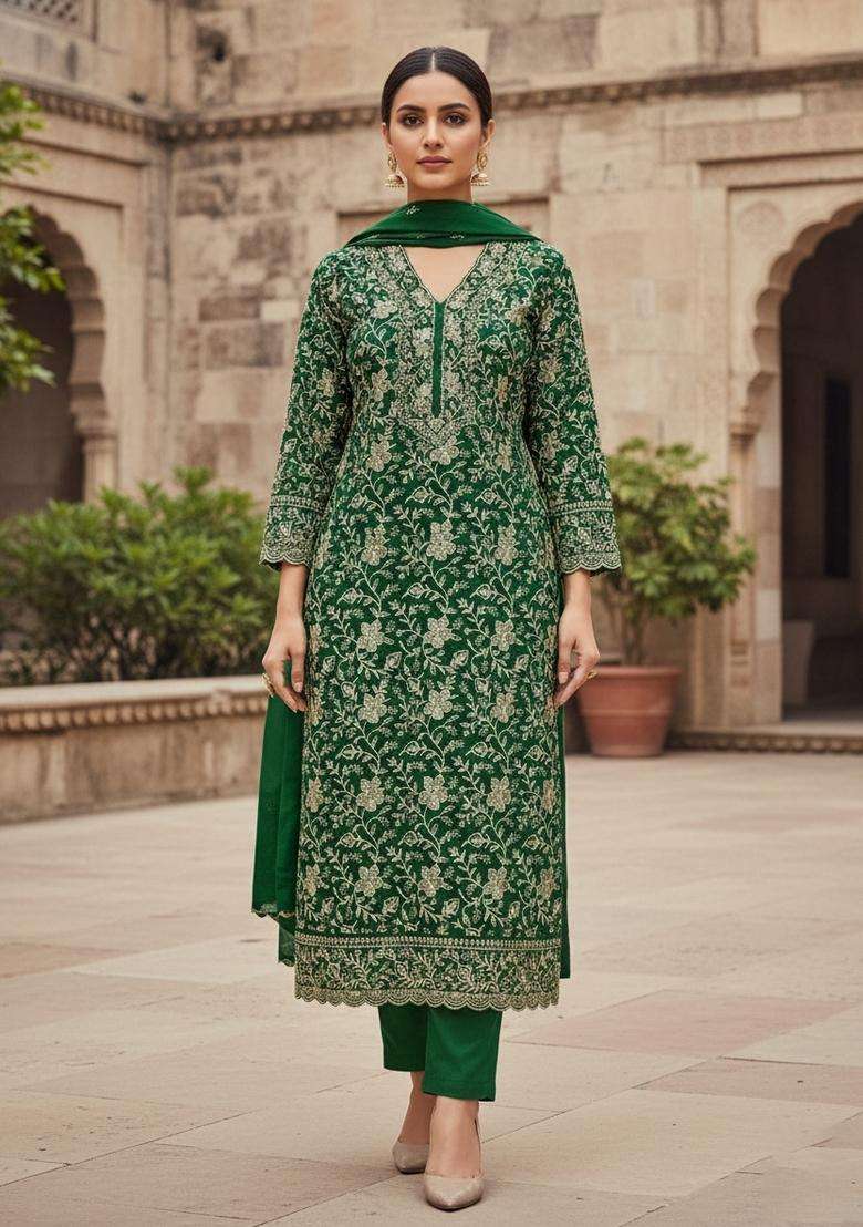 Magenta Embroidery Silk Kurta Set - Indya