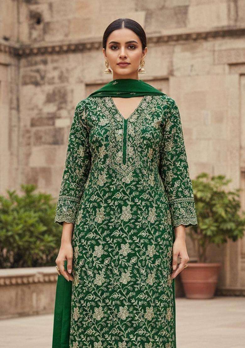 Magenta Embroidery Silk Kurta Set - Indya