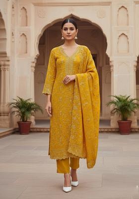 Yellow Embroidery Silk Kurta Set