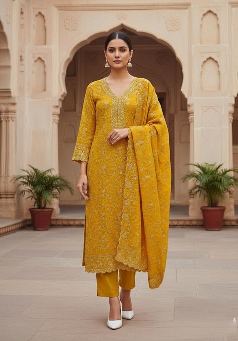Yellow Embroidery Silk Kurta Set