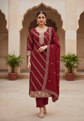 Maroon Embroidery Cotton Kurta Set