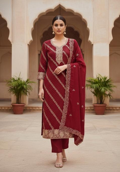 Maroon Embroidery Cotton Kurta Set