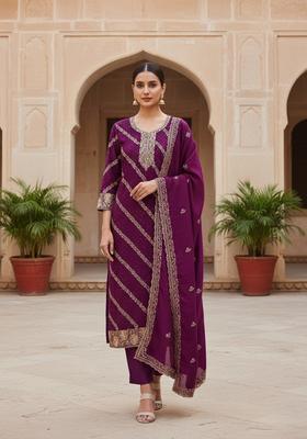Purple Embroidery Cotton Kurta Set