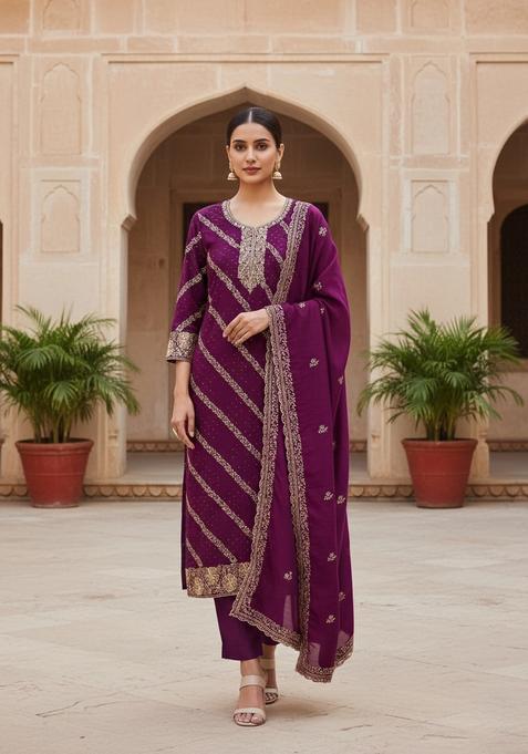 Purple Embroidery Cotton Kurta Set