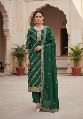 Green Embroidery Cotton Kurta Set