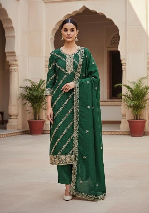 Green Embroidery Cotton Kurta Set