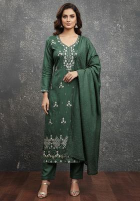 Green Embroidery Cotton Kurta Set