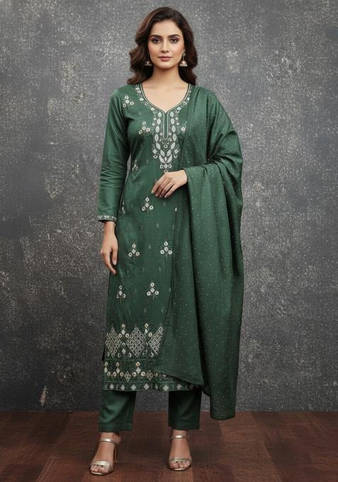 Green Embroidery Cotton Kurta Set