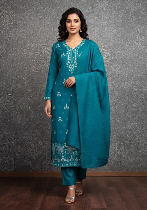 Blue Embroidery Cotton Kurta Set