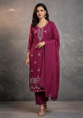 Wine Embroidery Cotton Kurta Set