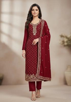 Maroon Embroidery Cotton Kurta Set