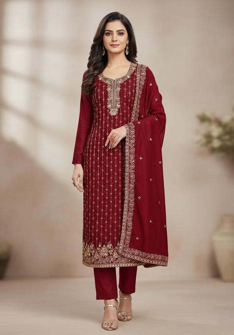 Maroon Embroidery Cotton Kurta Set