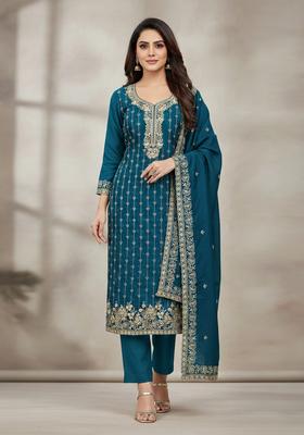 Blue Embroidery Cotton Kurta Set