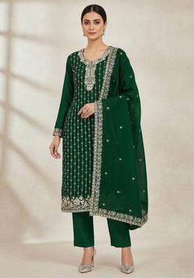 Green Embroidery Cotton Kurta Set