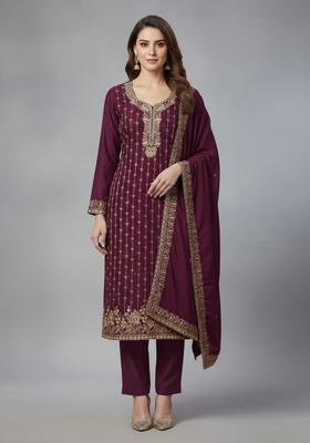 Purple Embroidery Cotton Kurta Set