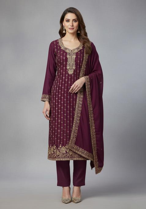 Purple Embroidery Cotton Kurta Set