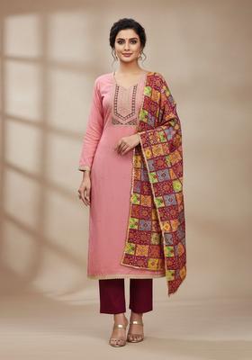 Peach Embroidery Cotton Kurta Set