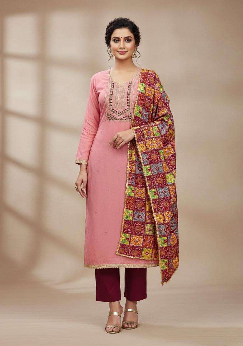 Peach Embroidery Cotton Kurta Set - Indya