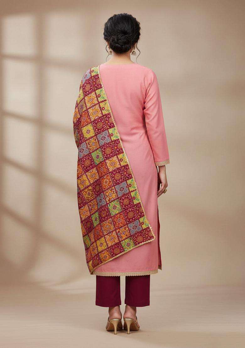 Peach Embroidery Cotton Kurta Set - Indya