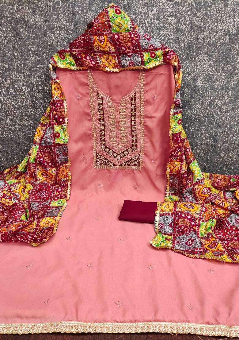 Peach Embroidery Cotton Kurta Set - Indya