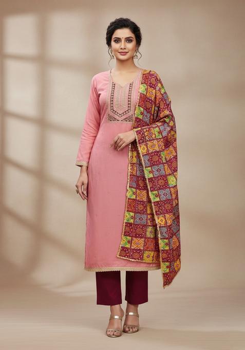 Peach Embroidery Cotton Kurta Set