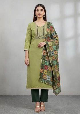 Green Embroidery Cotton Kurta Set