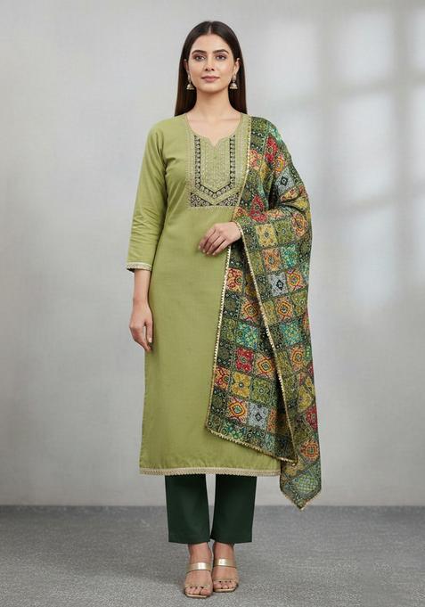 Green Embroidery Cotton Kurta Set