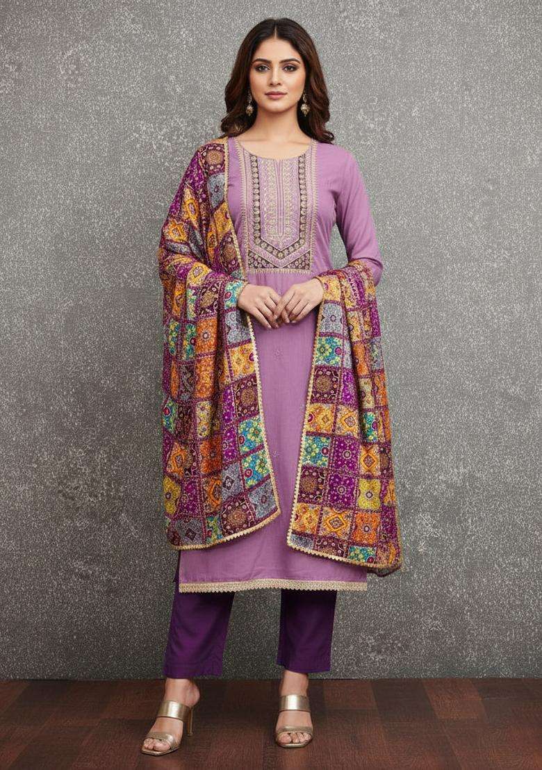 Lavender Embroidery Cotton Kurta Set - Indya