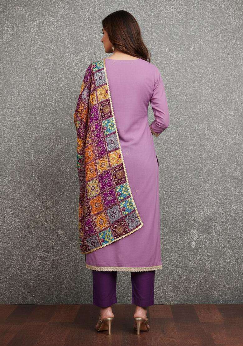 Lavender Embroidery Cotton Kurta Set - Indya
