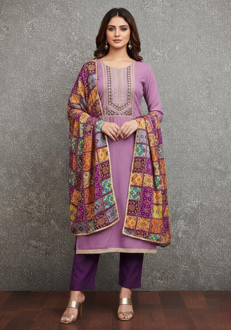 Lavender Embroidery Cotton Kurta Set