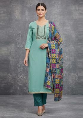 Blue Embroidery Cotton Kurta Set
