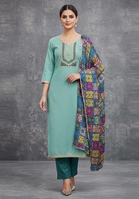 Blue Embroidery Cotton Kurta Set
