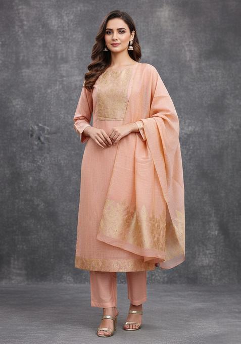 Peach Embroidery Silk Kurta Set