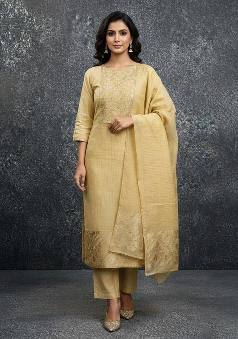 Gold Embroidery Silk Kurta Set