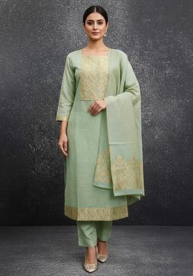 Green Embroidery Silk Kurta Set