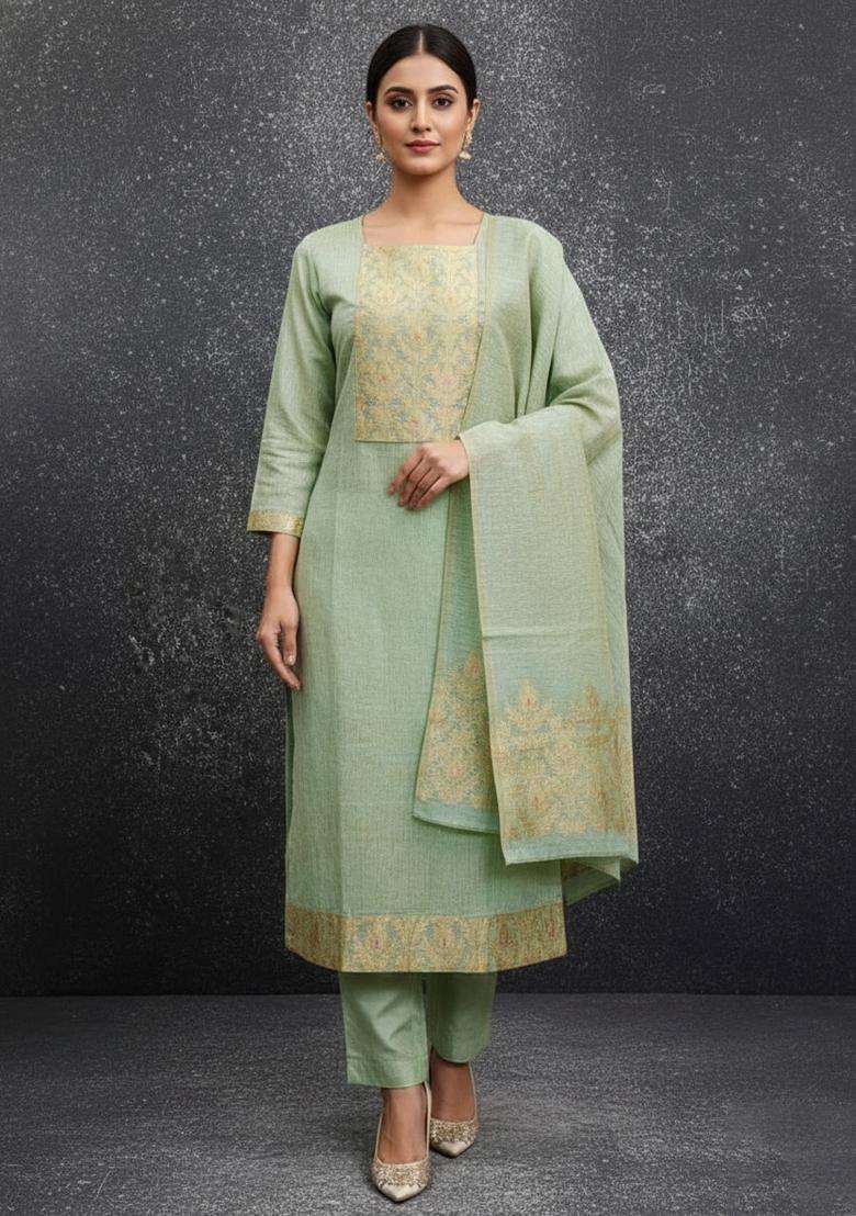 Green Embroidery Silk Kurta Set - Indya