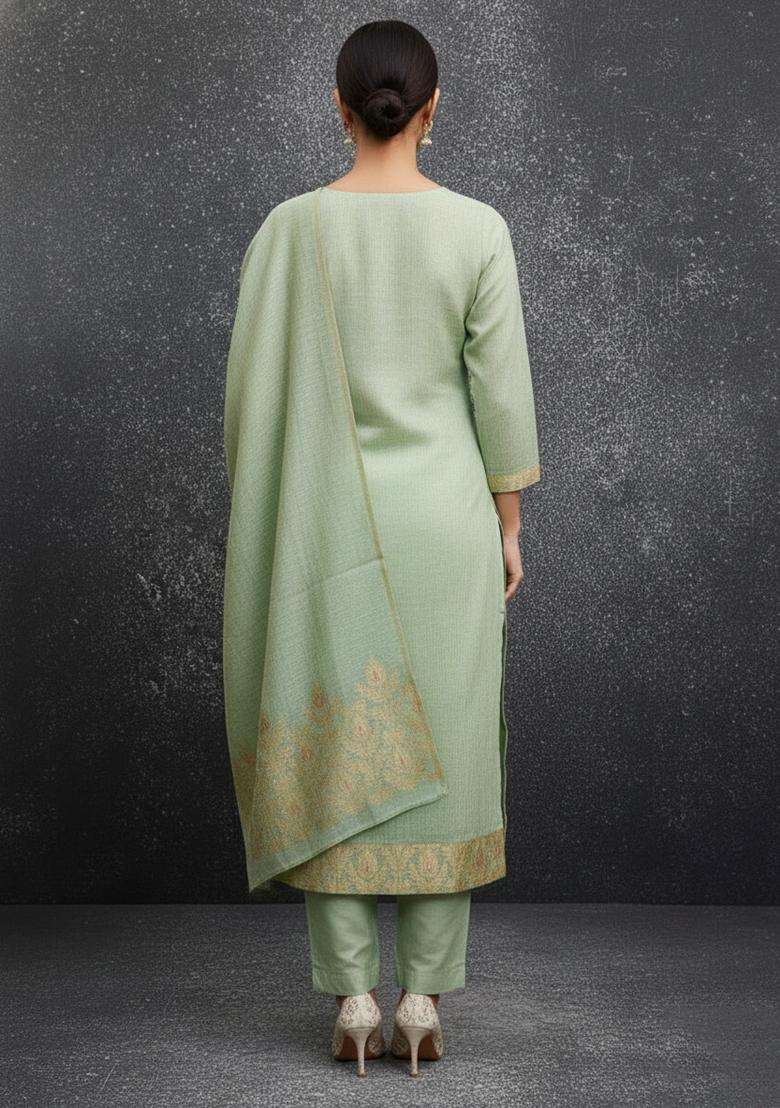 Green Embroidery Silk Kurta Set - Indya