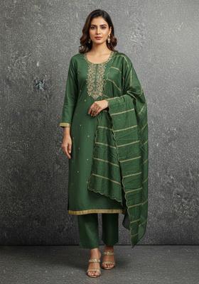 Green Embroidery Silk Kurta Set