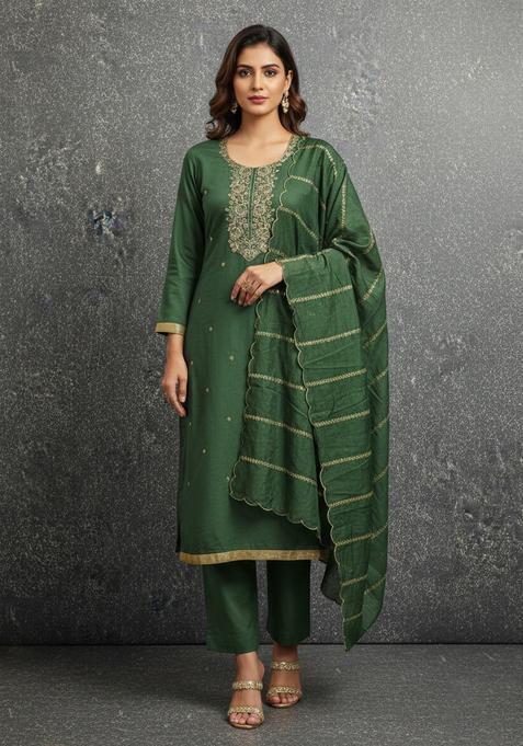 Green Embroidery Silk Kurta Set